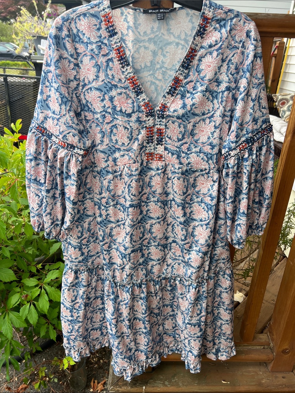 Brach Brach Blue Paisley Floral Smocked Trim Mini Dress M